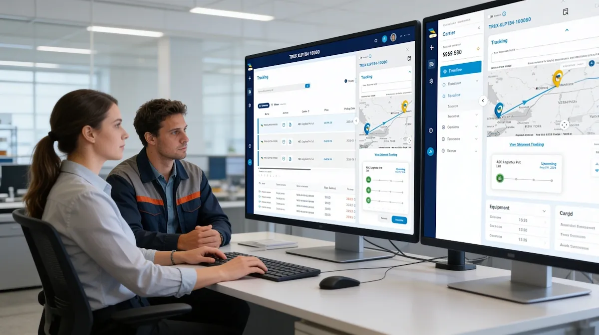 Two colleagues reviewing shipments on the Truxweb platform